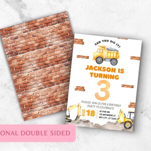 Editable construction birthday invitation template with optional double-sided design. Front of invite features watercolor dump truck, excavator and bricks with orange and gray lettering. Backside features full brick wall texture for added theme enhancement. Perfect DIY kids birthday template, truck themed invite, digger party, 3rd birthday party printable, dump truck invite, editable construction party stationery for printing at home.