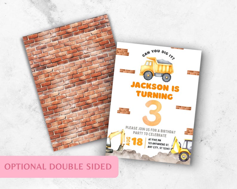 Editable construction birthday invitation template with optional double-sided design. Front of invite features watercolor dump truck, excavator and bricks with orange and gray lettering. Backside features full brick wall texture for added theme enhancement. Perfect DIY kids birthday template, truck themed invite, digger party, 3rd birthday party printable, dump truck invite, editable construction party stationery for printing at home.