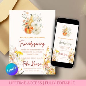 Friendsgiving Thanksgiving Party 5x7 and Mobile Invitation: Editable Canva Template