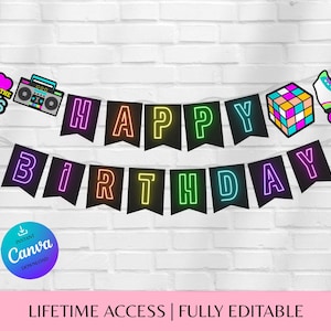 80s Neon Glow Party Banner: Editable Canva Banner