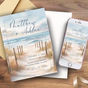 May include: A wedding invitation and a smartphone displaying a similar design. The invitation features a beach scene with text: "Matthew + Ashlee" and event details. The smartphone shows a matching design with the names "Jonathan + Amelia".