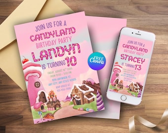 Candyland Birthday Party Invitation, 5x7 and Mobile Editable Canva Template