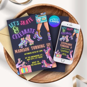 May include: A navy blue invitation with the text "LET'S SKATE & CELEBRATE" and roller skate illustrations. A smartphone displays a similar design. The invitation is for a 12th birthday party.