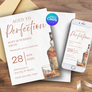 May include: A birthday invitation design featuring the text "Aged to Perfection" and "Matt is turning fifty!" on a white background. The design includes a watercolour illustration of a whiskey bottle and glasses. A smartphone displays the same design.