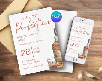Bourbon Whiskey Birthday Party Invitation, Editable Canva Template