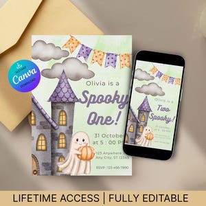 Spooky One Halloween Birthday Invite | Cute Ghost First Birthday | Editable Canva Template | 5x7 & Phone Size | Instant Download