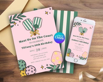 May include: Pink birthday party invitation with pickleball paddles and the text "Meet Us On The Court." The invitation includes the date, time, and location. A smartphone displays the same design. A Free Canva logo is visible.