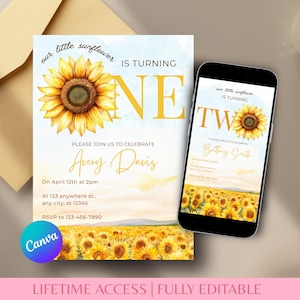 Out Little Sunflower Party 5x7 and Mobile Invitation: Editable Canva Template