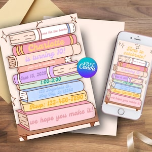 May include: A birthday invitation featuring a stack of colorful books with the text "Charlotte is turning 10!" and event details. A smartphone displays a similar design. The invitation includes the text "Join us to celebrate!" and "We hope you make it!"