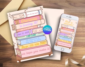 May include: A birthday invitation featuring a stack of colorful books with the text "Charlotte is turning 10!" and event details. A smartphone displays a similar design. The invitation includes the text "Join us to celebrate!" and "We hope you make it!"