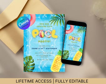 Könnte beinhalten: Eine Einladungskarte für eine Poolparty mit blauem Wasserhintergrund, einem rosa Schwimmring, grünen Palmblättern und einer gelben Ananas-Luftmatratze. Der Text lautet: You are invited to a pool party! Celebrating John's 10th birthday, 25. Juli 2025.