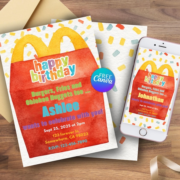 Happy Meal Fast Food Birthday Party 5x7 and Mobile Invitation: Editable Canva Template