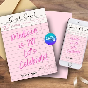 May include: A pink guest check invitation with the text "Madison is 28! Let's Celebrate!" and a smartphone displaying a similar design. The invitation includes a heart graphic and the words "Thank You!"