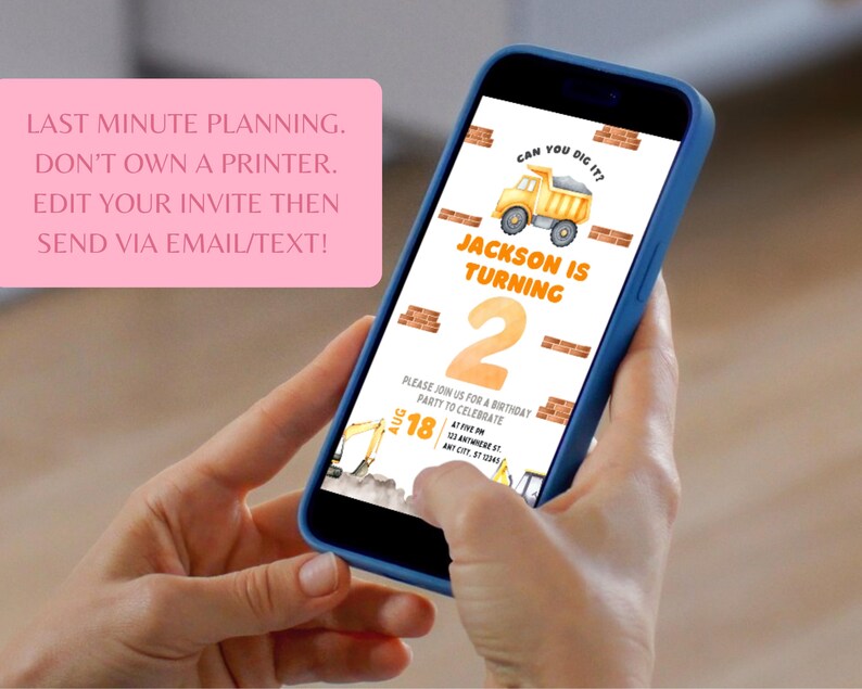 Mobile phone preview of editable construction birthday invitation template featuring “Jackson is turning 2” with yellow dump truck and excavator artwork. Shown as text message invitation example for digital sharing by email or SMS. Ideal for last minute construction party, digger birthday, instant download boy birthday invite, printable template, editable truck party invitation compatible with free online editing software.