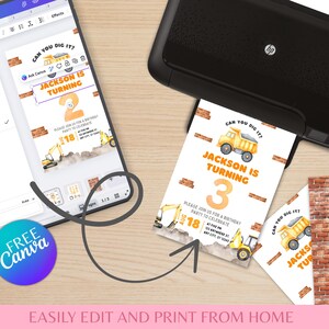 Editable construction birthday party invitation displayed inside online editor next to a home printer showing easy DIY printing. Yellow dump truck and excavator themed party invite uses brick and dirt elements for digger birthday design. Printable 5x7 template with editable text for customizable party details. Great for boys 2nd or 3rd birthday, construction themed party, instant download template, digital file, no physical item.