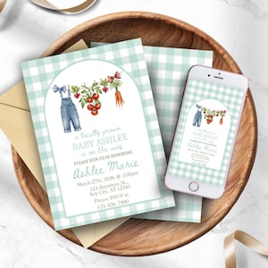 May include: Baby shower invitation with a light blue gingham pattern. The invitation features a watercolor illustration of overalls, tomatoes, and carrots. The text reads "a locally grown BABY ASHLEE is on the way". A smartphone displays the same design.