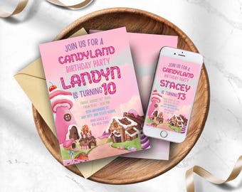 Candyland Birthday Party Invitation, Sweet Candy Editable Canva Template