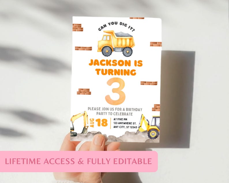 Hand holding printed construction birthday invitation with yellow dump truck, excavator, dirt and brick elements. Bold orange lettering says “Jackson is turning 3” with editable text layout. Printable DIY boys birthday party invite, construction theme party, truck birthday, digger birthday template. Instant download, customizable invitation for printing at home or sending digitally. Editable with free online editor and quick to personalize.