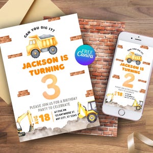This printable construction birthday party invitation features a yellow dump truck and excavator theme with bold orange text that says “Jackson is turning 3.” Editable construction party invite template shown next to a smartphone version and rustic kraft envelope. Perfect for boys birthday, truck theme party, digger birthday, kids construction party, and editable invite for DIY printing. CAN YOU DIG IT slogan adds fun construction theme.
