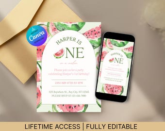 Könnte beinhalten: Eine Geburtstagseinladungskarte und ein Smartphone-Bildschirm mit demselben Design, das ein Aquarell-Wassermelonenmuster, einen Bogenrahmen und den Text Harper is one in a melon sowie Veranstaltungsdetails wie Datum und Adresse zeigt.
