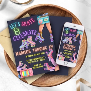 Neon Glow Roller Skate Birthday Party Invitation: 3 Rollerskate Invite Sizes & Fully Editable In Canva