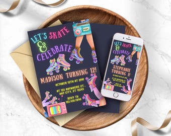 Convite para festa de aniversário com tema de patins neon: 3 tamanhos de convite e totalmente editável no Canva.