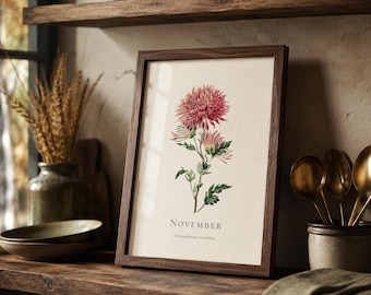 November Birth Flower Print, Chrysanthemum Botanical Wall Art, Vintage Floral Illustration, November Birthday Gift