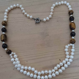 Vintage real Pearl and tigerseye bead necklace image 1