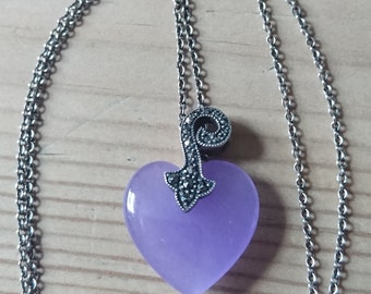 Vintage purple Jade and marcasite heart shaped pendant and chain