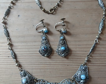 Vintage turquoise glass inset necklace and earrings set