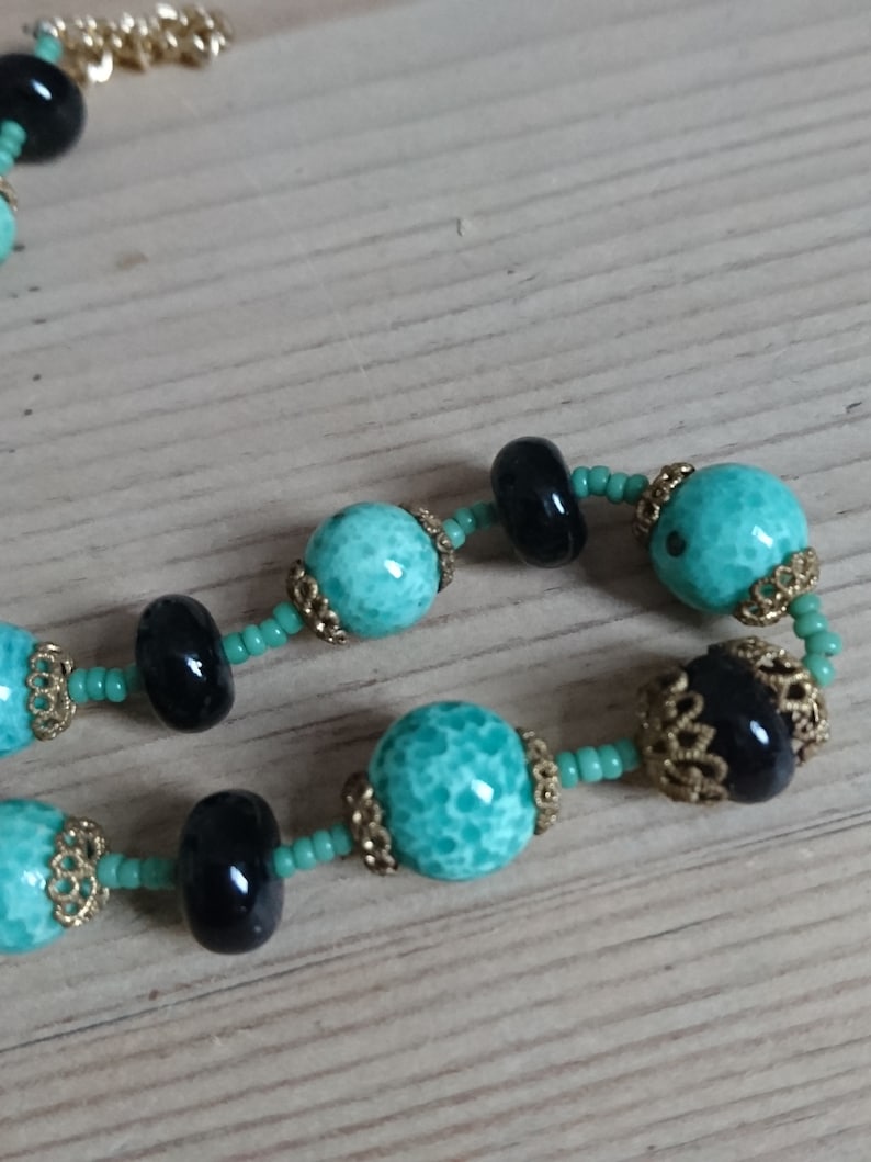 Vintage green and black glass bead necklace