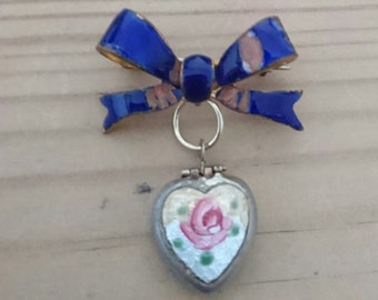 Vintage enamel suspended heart locket bow bar brooch