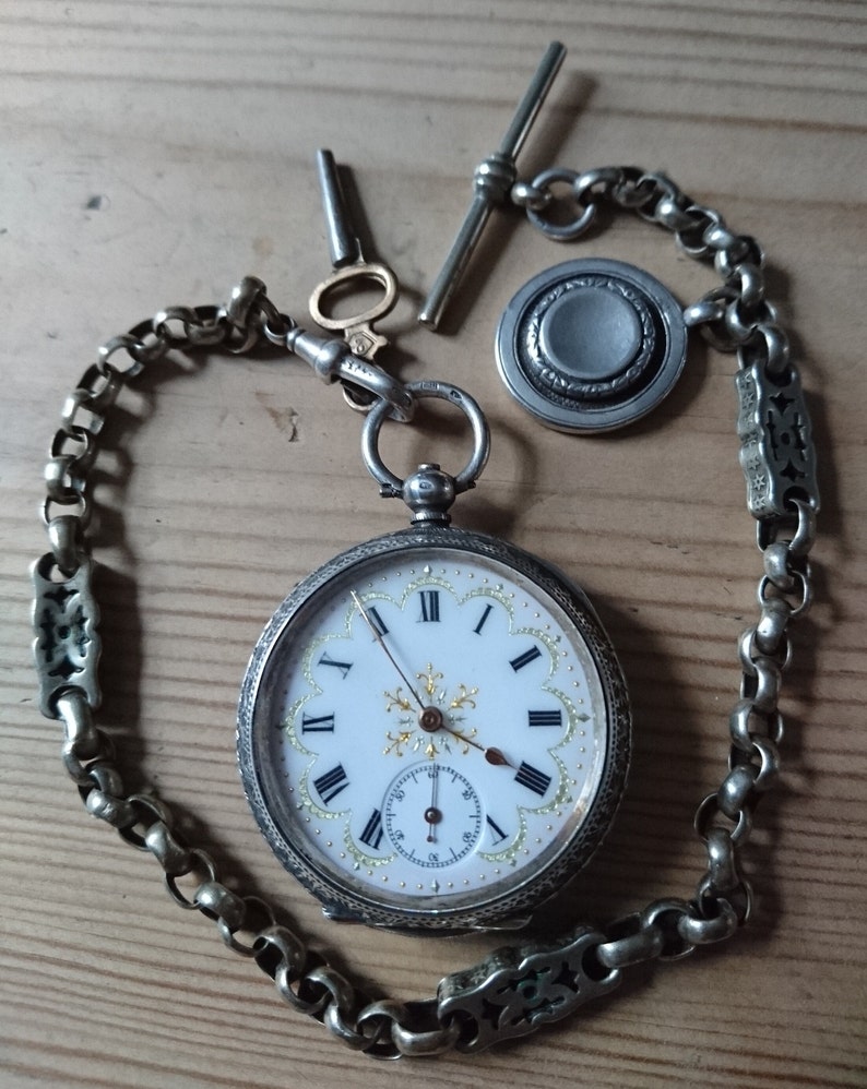 Antique Sterling Silver Pocket Watch and Chain Etsy UK