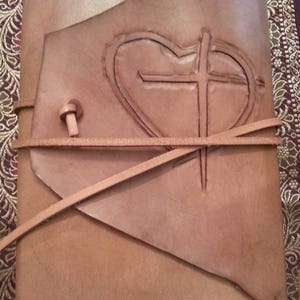 Custom Handmade Leather Bible Cover &quot;Heart & Cross&quot; Proverb 31 with long cord or button closure