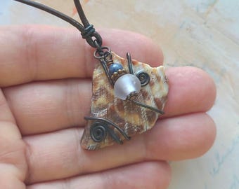 Handmade Darkened Copper Wrapped Sanibel Shell Necklace with Lilac Lampwork Glass Bead
