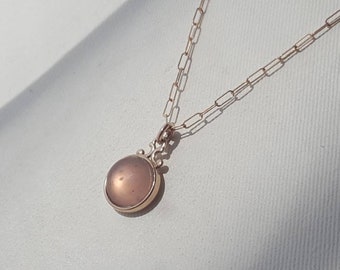 Tiny rose pink etched glass cabochon charm pendant, bronze bail and chain, ooak, minimal