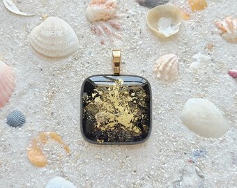 Black Fused Glass Pendant, 23K Gold Leaf, Florida Sand, One of a Kind