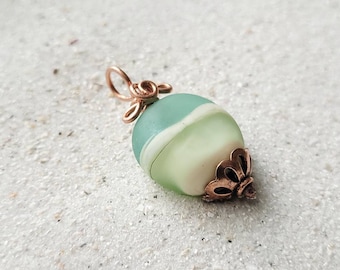 Handmade Seafoam ocean inspired glass bead and copper pendant, unique one-of-a-kind, etched glass.