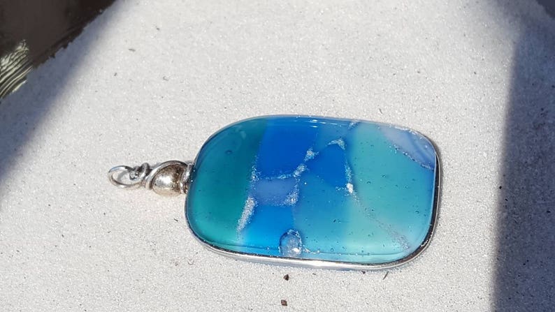 seafoam turquoise aquamarine silver wire wrapped Sanibel blue mix mosaic fused glass pendant real beach sand fused in glass