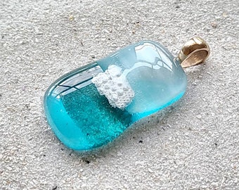 Handmade Fused Glass Sea Urchin Pendant, Beach Sand Inlay, Bronze Bail