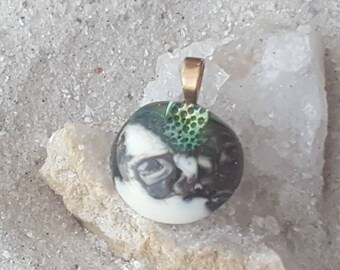 Handmade Ocean Glass Pendant, Beach Sand Fired In Glass, Bronze Flower Detail