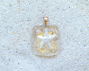Handmade Fused Glass Sea Star Pendant, 23K Gold, Sanibel Sand, Bronze Bail
