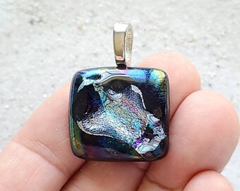 Sealife inspired dichroic fused glass pendant, multicrome, black, silvertone bail, stingray,