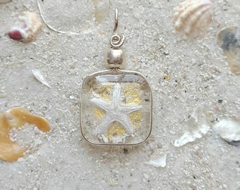 Starfish in handmade fused glass pendant, 23K Gold, Fine Silver. 2" tall Including bail.
