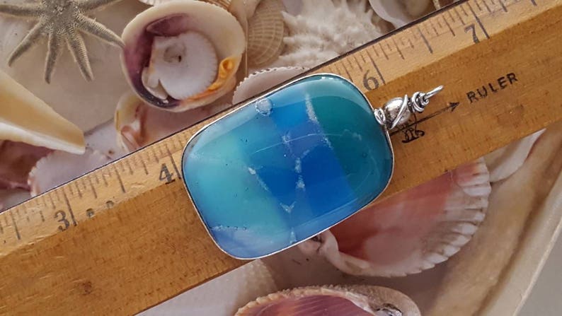 seafoam turquoise aquamarine silver wire wrapped Sanibel blue mix mosaic fused glass pendant real beach sand fused in glass
