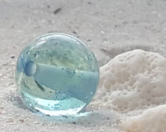 Handmade Lampwork Glass Orb Pendant Necklace, Aqua Blue, 16" Sterling Silver Omega Chain