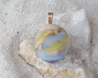 Rainbow tiny round handmade art glass pendant, pastel multi color etched "sea glass look", real beach sand in the glass.