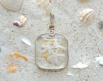 Fused Glass Starfish Pendant, Beach Sand, 23K Gold, Fine Silver Wire Wrap