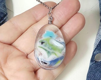Fused Glass Ocean Pendant, Sterling Silver Wire Wrapped, Sanibel Sand Beach Art Handmade
