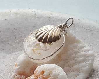Fused glass handmade pendant, clear glass, sand, 23k gold, wraped in fine silver. 1-7/8"